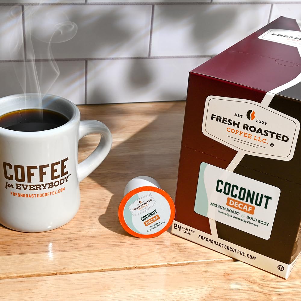Fresh Roasted Coffee Decaf Coconut pod close-up reveals creamy coconut aroma