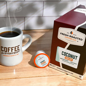 Fresh Roasted Coffee Decaf Coconut pod close-up reveals creamy coconut aroma