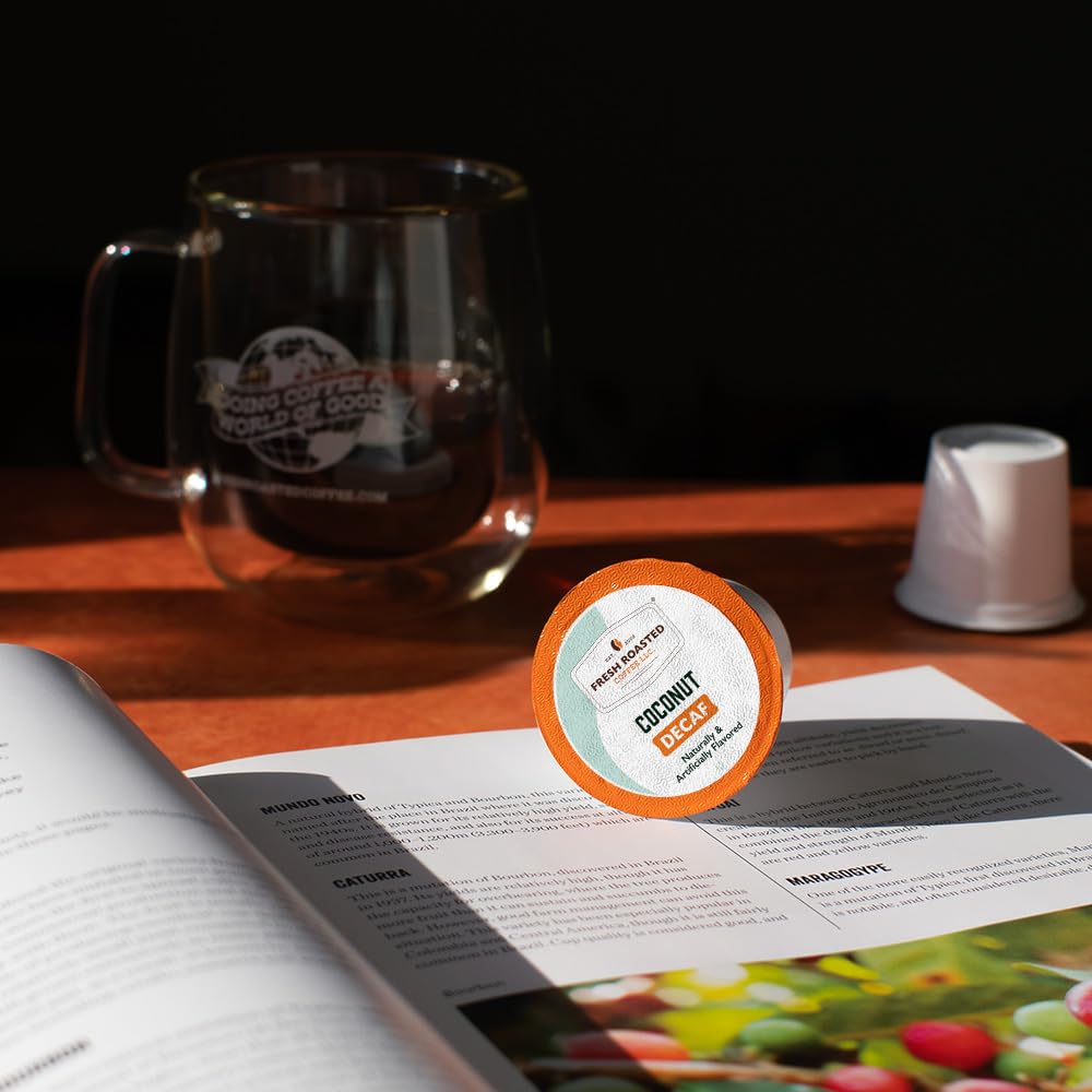 Fresh Roasted Coffee Decaf Coconut pod with Keurig compatibility for quick daily use