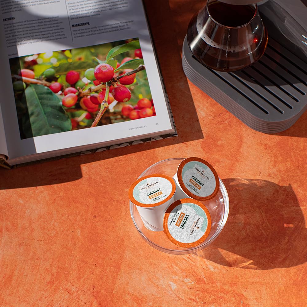 Fresh Roasted Coffee Decaf Coconut pod in cup delivers smooth tropical notes