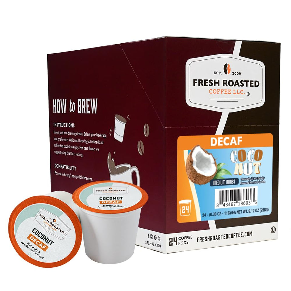 Fresh Roasted Coffee Decaf Coconut pod front view for caffeine-free moment