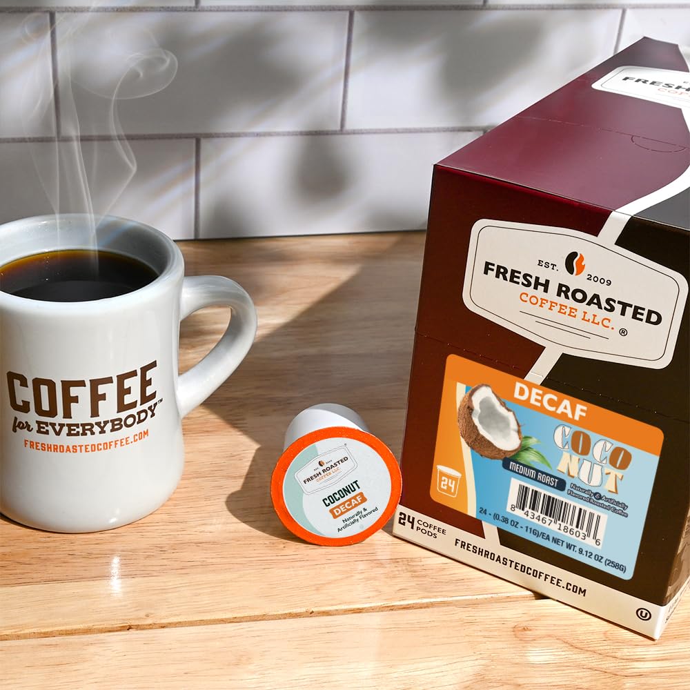 Fresh Roasted Coffee Decaf Coconut pod label shows OU Kosher certification and sustainability