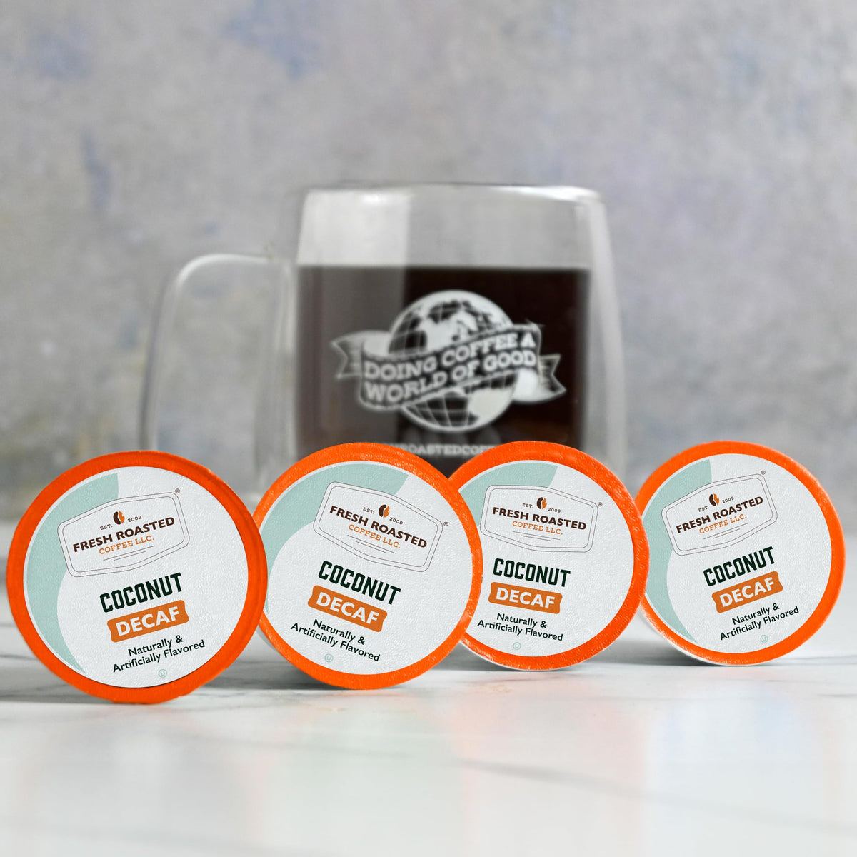Fresh Roasted Coffee Decaf Coconut pod packaging highlights flavor and caffeine-free option