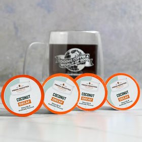 Fresh Roasted Coffee Decaf Coconut pod packaging highlights flavor and caffeine-free option