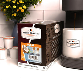 Fresh Roasted Coffee Decaf Coconut pod on shelf emphasizes sugar-free option