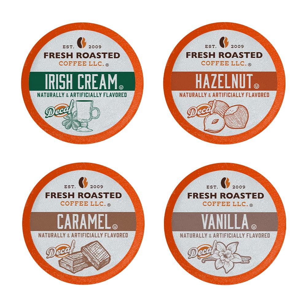 Fresh Roasted Coffee decaf flavored pods front view, caffeine-free option for any time.