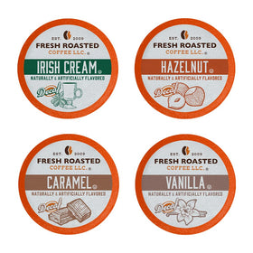 Fresh Roasted Coffee decaf flavored pods front view, caffeine-free option for any time.