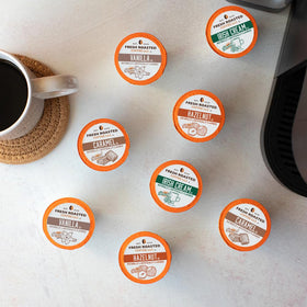 Fresh Roasted Coffee Irish Creme flavor pod display, caffeine-free workday flavor.