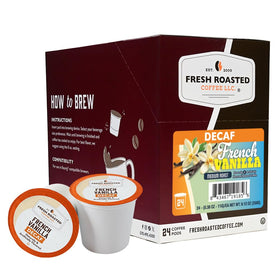 Fresh Roasted Coffee decaf French Vanilla pods in vibrant packaging for quick flavor at home.