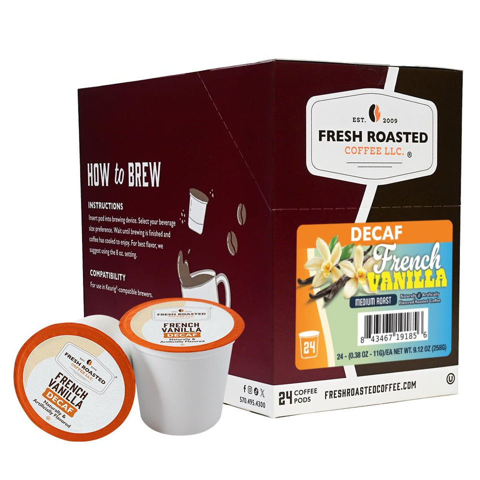 Fresh Roasted Coffee decaf French Vanilla pods in vibrant packaging for quick flavor at home.