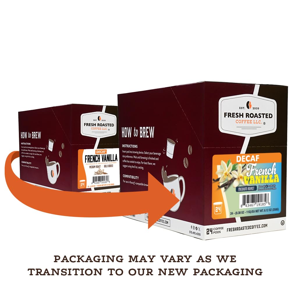 Fresh Roasted Coffee decaf French Vanilla pods arranged beside a steaming cup.