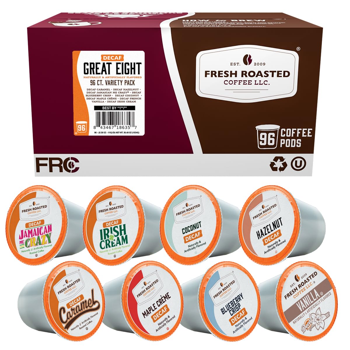 Fresh Roasted Coffee decaf Great Eight pack, eight flavored pods for caffeine-free enjoyment