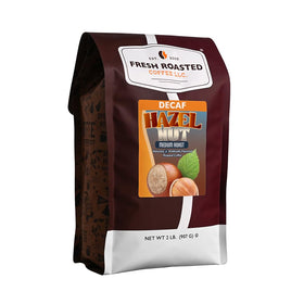 Fresh Roasted Coffee decaf hazelnut 2lb bag on display, preserving aroma.