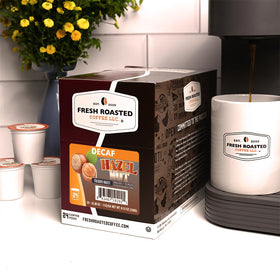 Fresh Roasted Coffee decaf hazelnut pods compatible with most K-Cup brewers.
