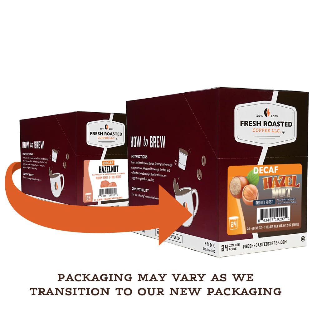 Fresh Roasted Coffee decaf hazelnut pods unleash rich aroma with no caffeine buzz.