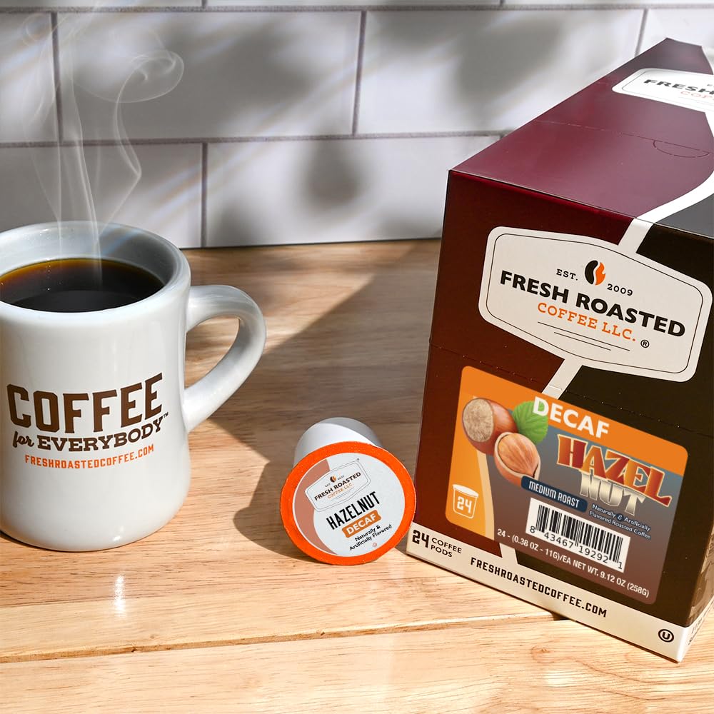 Fresh Roasted Coffee hazelnut decaf pods for quick, flavorful cups in busy mornings.