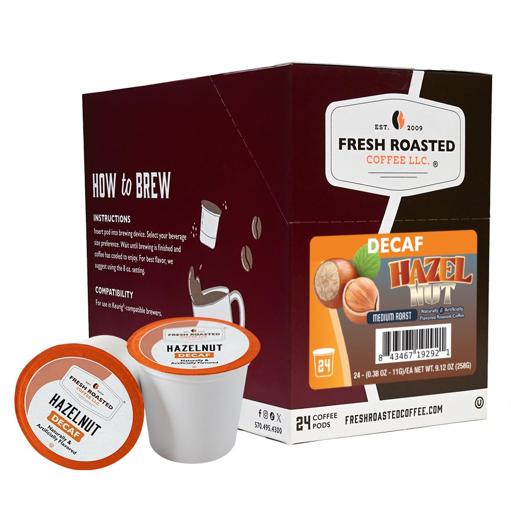 Fresh Roasted Coffee decaf hazelnut pods in a resealable pack for easy mornings.