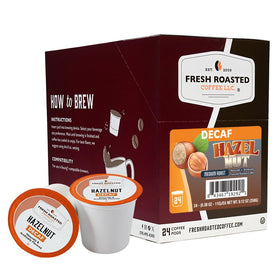 Fresh Roasted Coffee decaf hazelnut pods in a resealable pack for easy mornings.