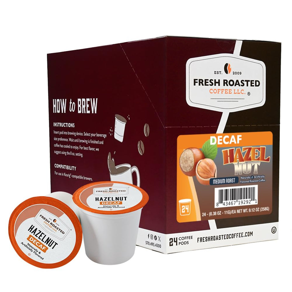 Fresh Roasted Coffee decaf hazelnut pods in a resealable pack for easy mornings.
