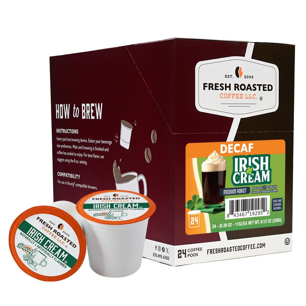 Fresh Roasted Coffee decaf Irish Cream pod, caffeine-free indulgence.