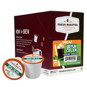 Fresh Roasted Coffee decaf Irish Cream pod, caffeine-free indulgence.