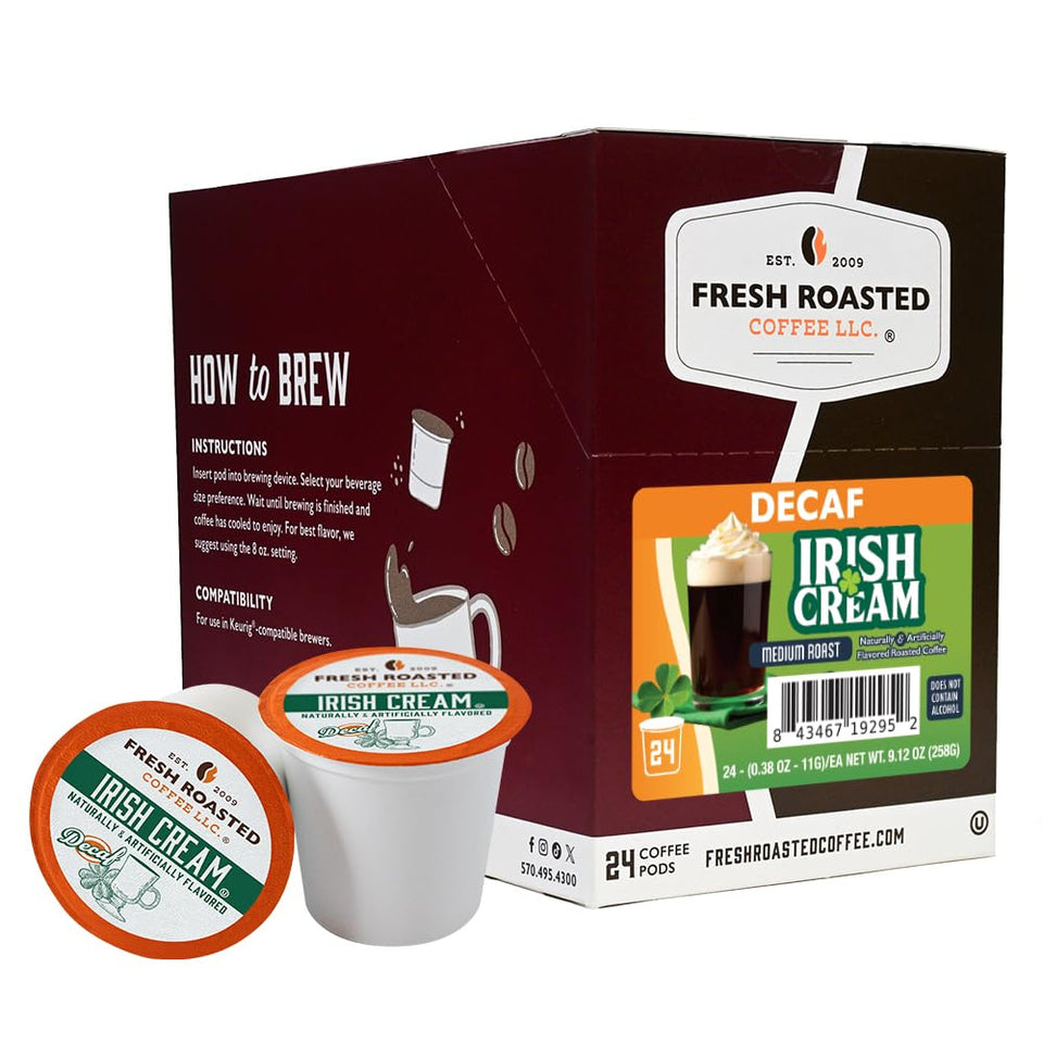 Fresh Roasted Coffee decaf Irish Cream pod, caffeine-free indulgence.