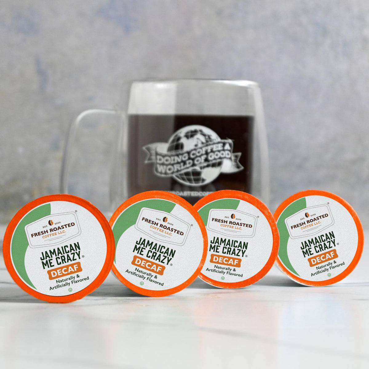 Fresh Roasted Coffee Jamaican Me Crazy decaf pod delivers rich aroma without caffeine jitters