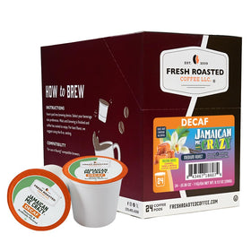 Fresh Roasted Coffee decaf Jamaican Me Crazy pod with tropical aroma for anytime enjoyment