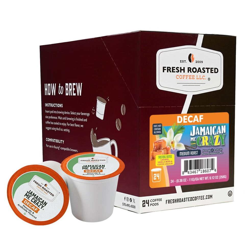 Fresh Roasted Coffee decaf Jamaican Me Crazy pod with tropical aroma for anytime enjoyment