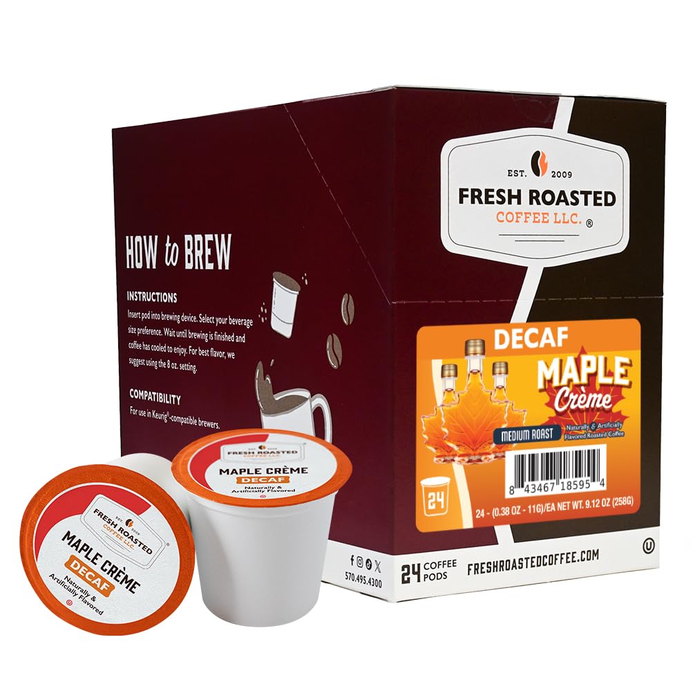 Fresh Roasted Coffee decaf Maple Crème pod in cup for a smooth anytime treat.