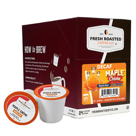 Fresh Roasted Coffee decaf Maple Crème pod in cup for a smooth anytime treat.
