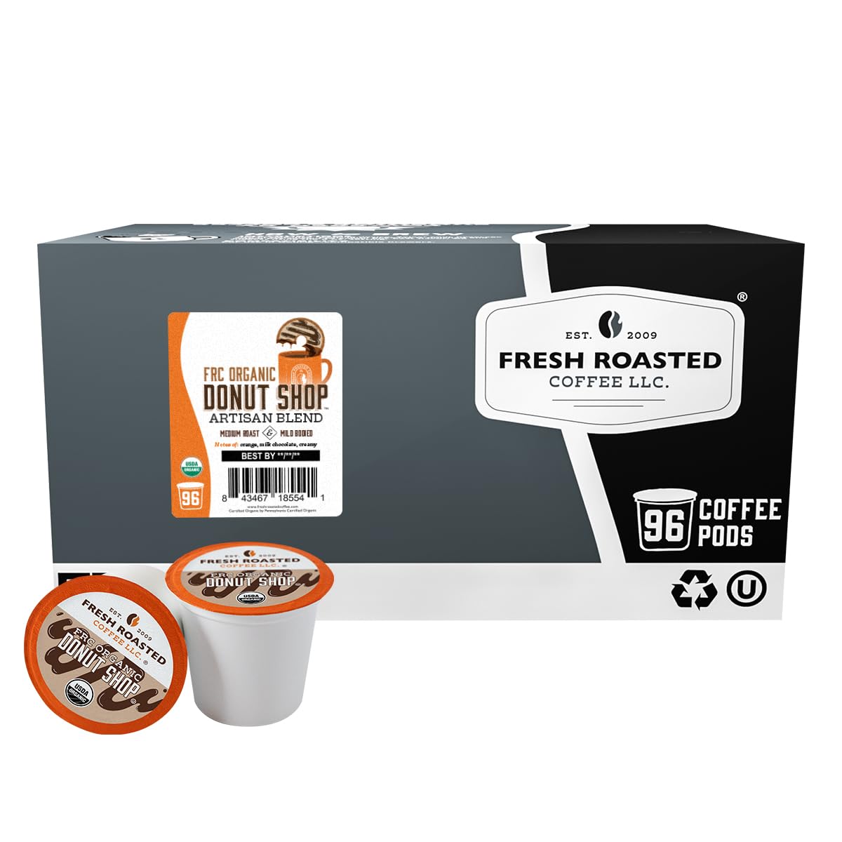 Fresh Roasted Coffee Donut Shop Pods packaging highlights sustainability and recyclability.
