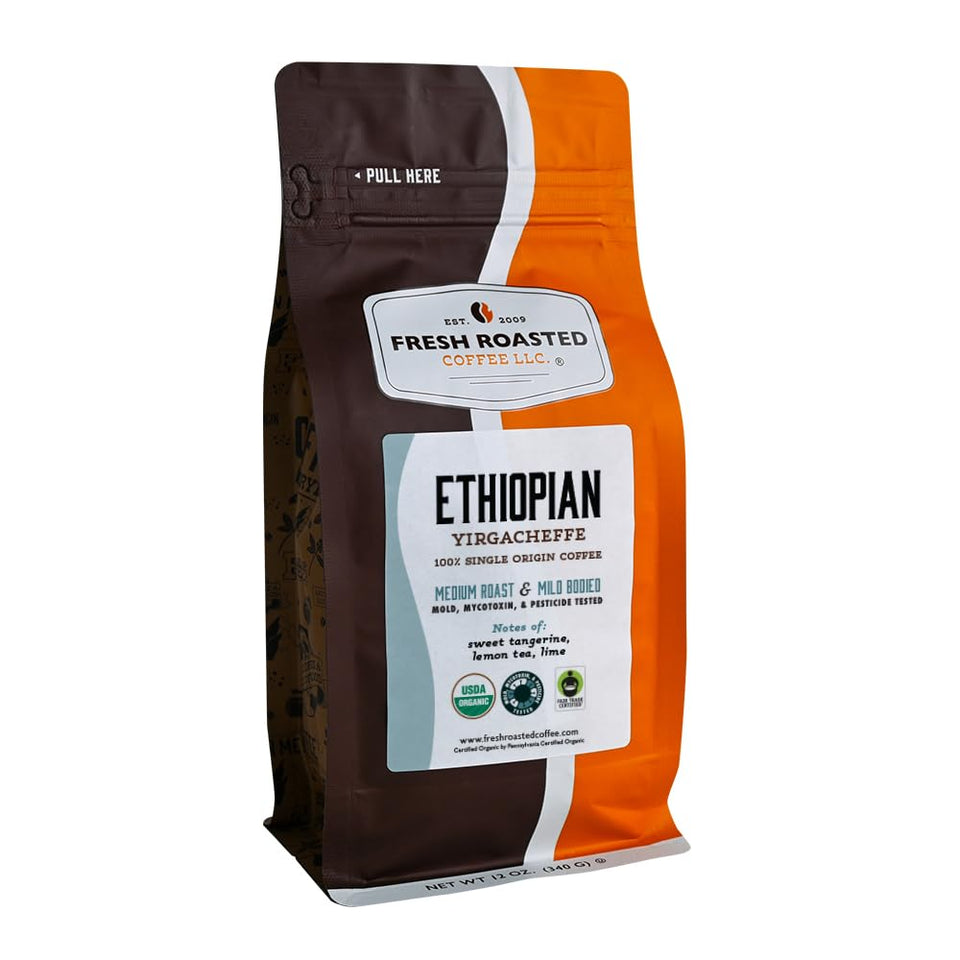 Fresh Roasted Coffee Ethiopian Yirgacheffe bean closeup, premium whole beans for a vibrant morning brew
