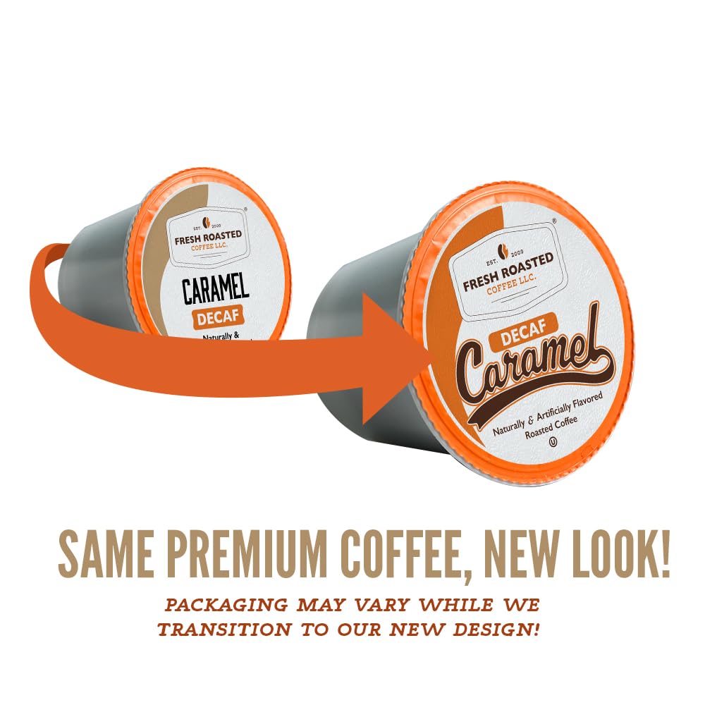 Fresh Roasted Coffee flavored pods caramel closeup highlights bold caramel aroma.