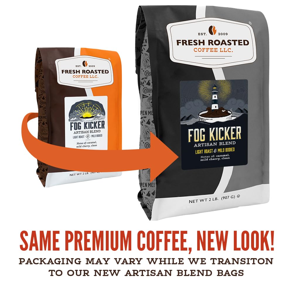 Fresh Roasted Coffee Fog Kicker beans closeup highlighting light roast and oils.