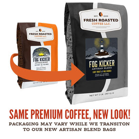 Fresh Roasted Coffee Fog Kicker beans closeup highlighting light roast and oils.
