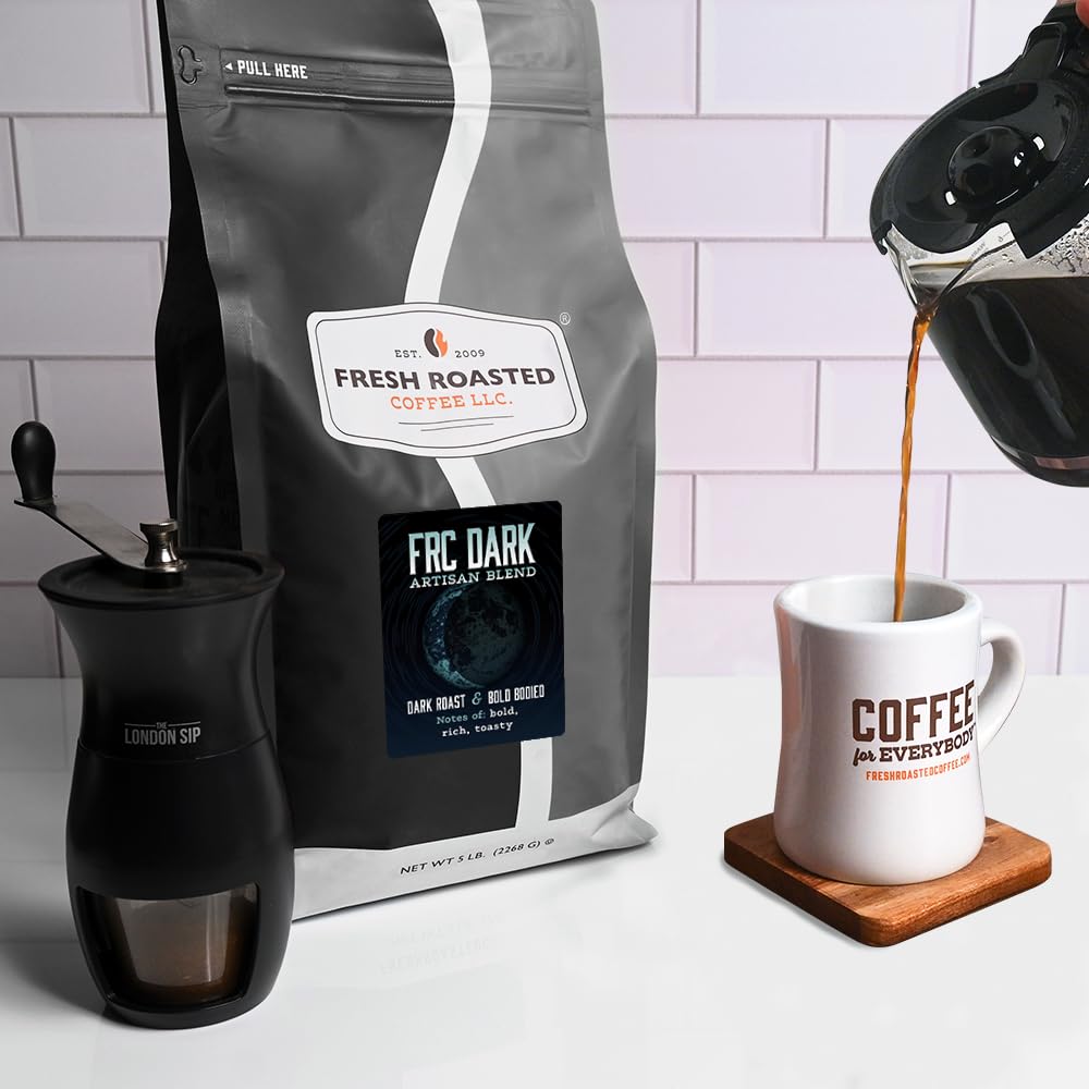 Bold FRC Dark Roast aroma rising from a cup and beans nearby