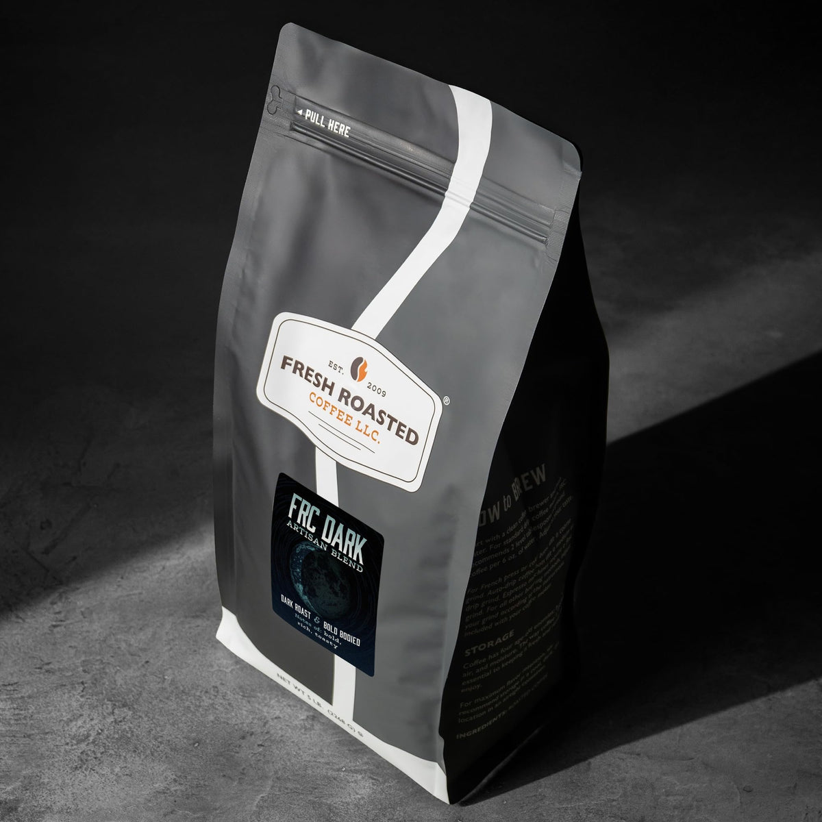Close-up of glossy FRC Dark Roast beans highlighting rich color and notes
