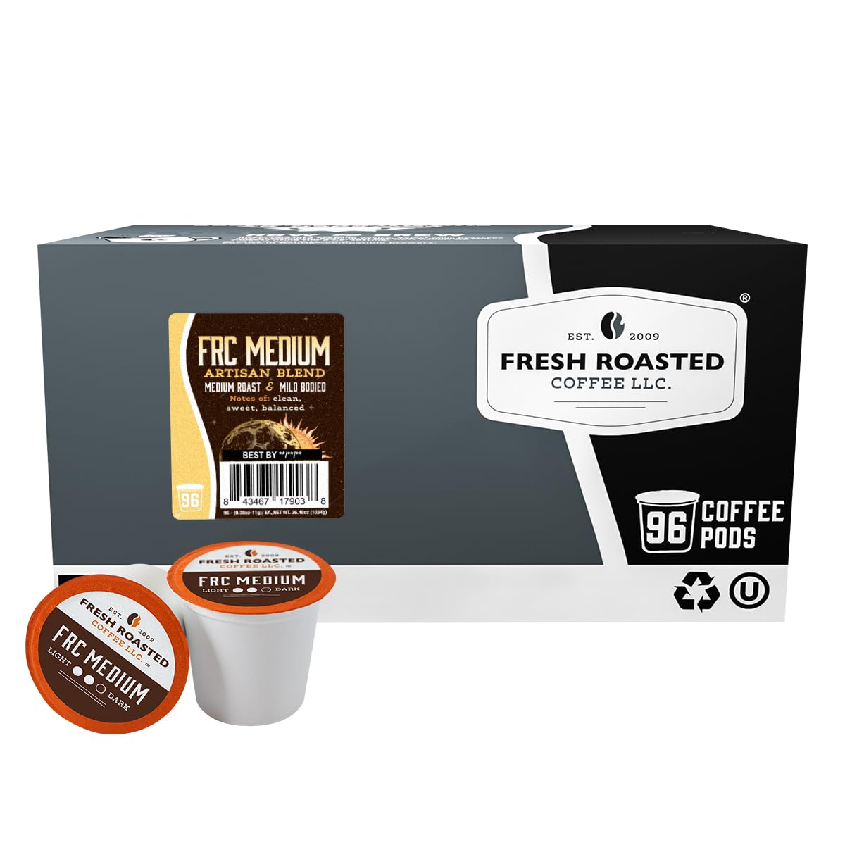 Fresh Roasted Coffee FRC medium roast pods in a pack, convenient morning brewing.