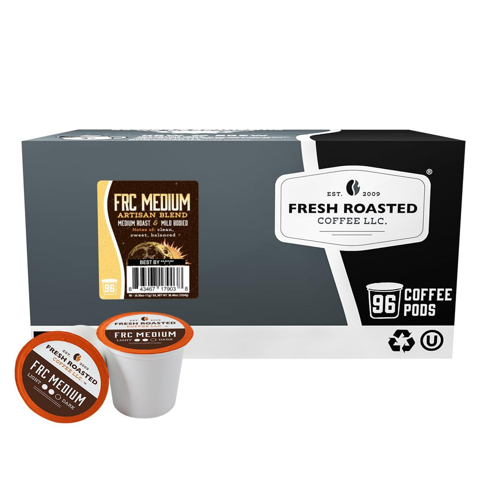 Fresh Roasted Coffee FRC medium roast pods in a pack, convenient morning brewing.