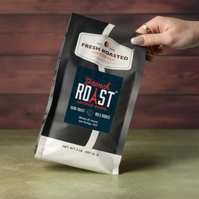 Fresh Roasted Coffee French Roast packaging shows USA origin and Kosher label