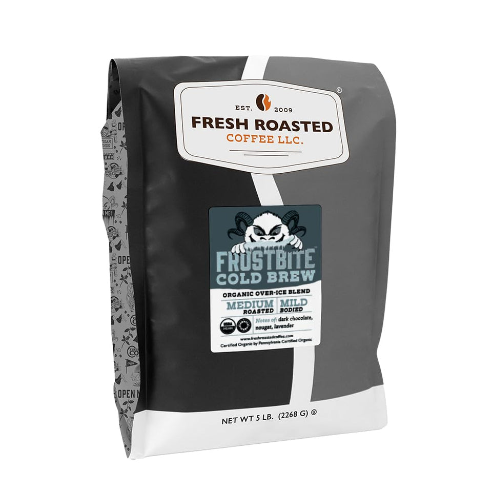 Fresh Roasted Coffee Frostbite Cold Brew bag with organic grounds ready for cold brew.