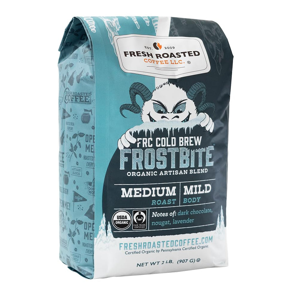 Fresh Roasted Coffee Frostbite Cold Brew whole bean aroma ready for grinding.
