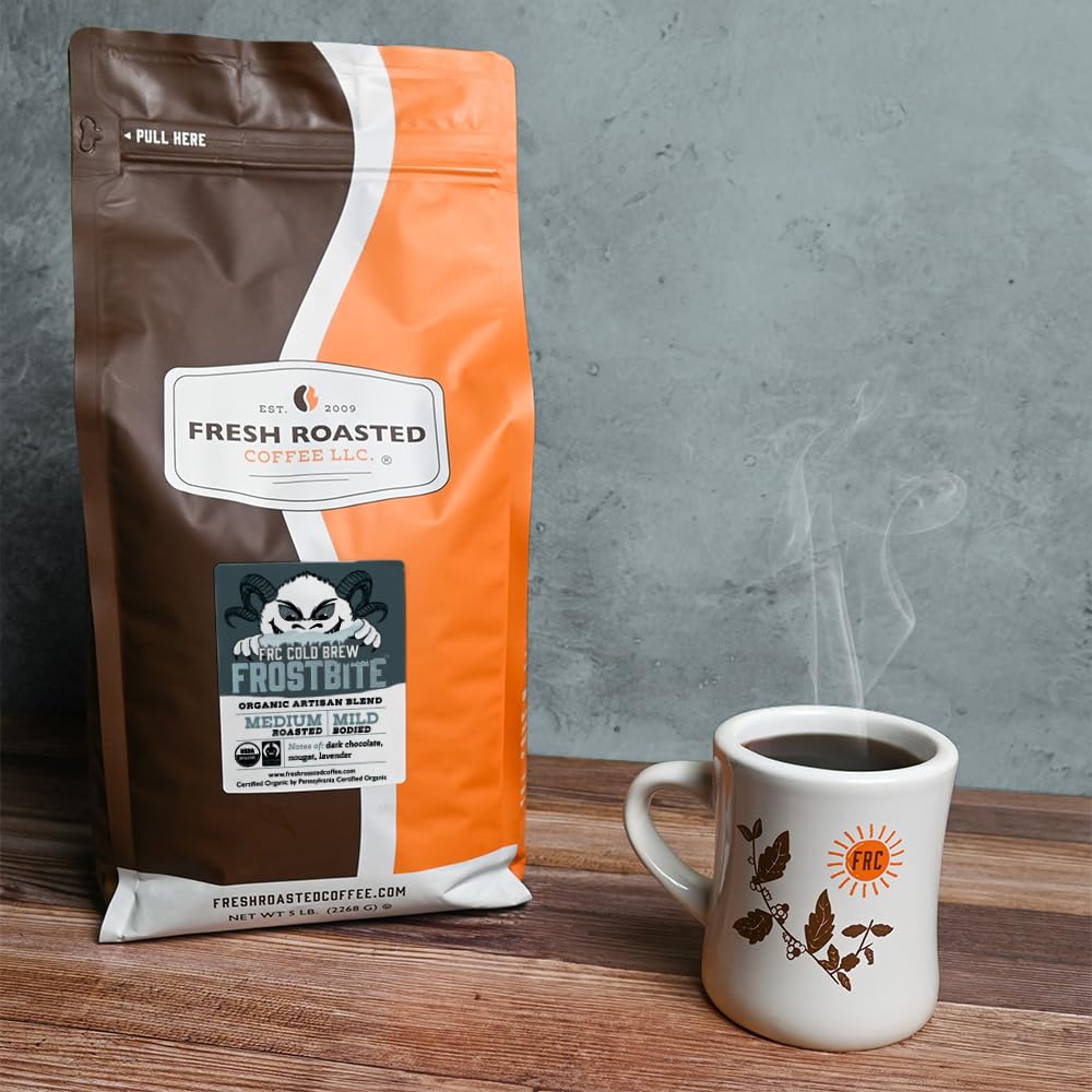 Fresh Roasted Coffee Frostbite label showing mold and mycotoxin testing and safety.