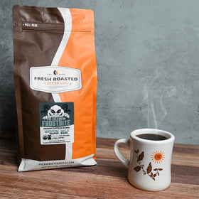 Fresh Roasted Coffee Frostbite label showing mold and mycotoxin testing and safety.