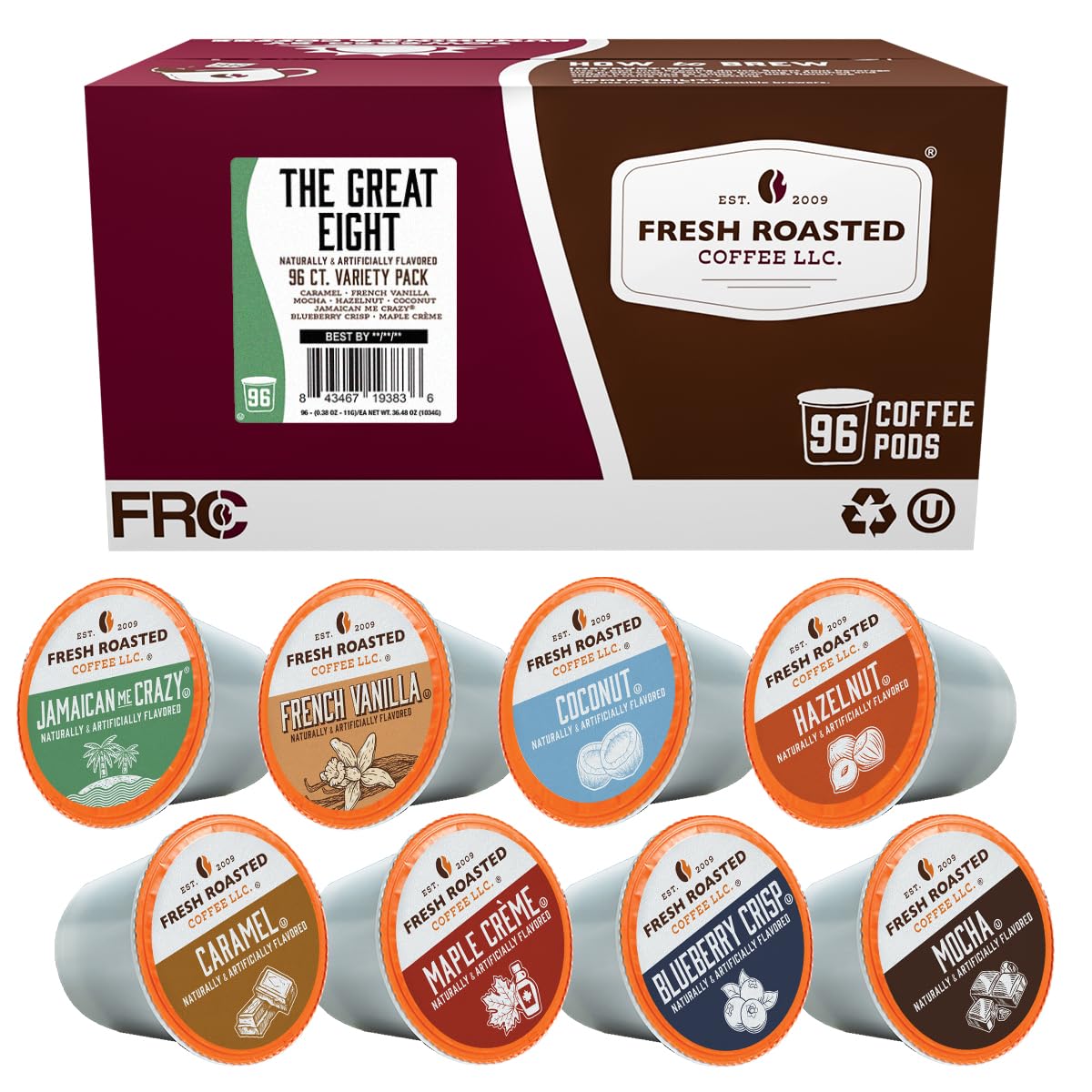 Fresh Roasted Coffee Great Eight box front displaying eight flavors for quick choice.