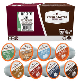 Fresh Roasted Coffee Great Eight box front displaying eight flavors for quick choice.