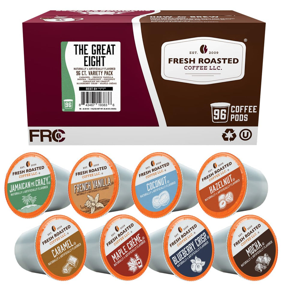 Fresh Roasted Coffee Great Eight box front displaying eight flavors for quick choice.