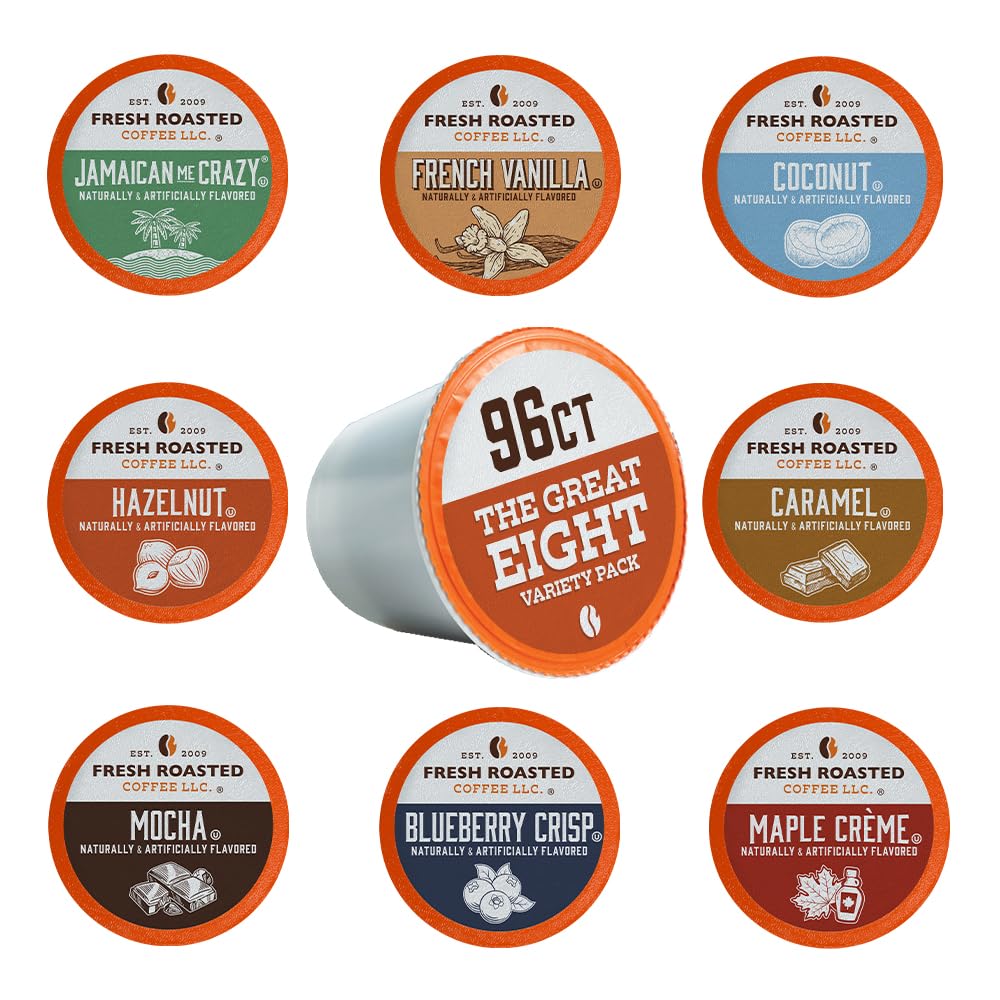 Fresh Roasted Coffee Great Eight caramel flavor pods emphasize rich caramel notes.