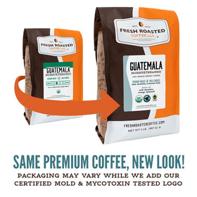 Fresh Roasted Coffee Guatemala label displays USDA Organic and Kosher certifications.